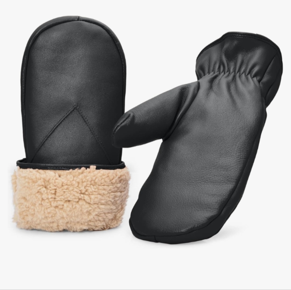 BLACK LAMBSKIN Mittens with Fleece Cuff Mitts Gloves Winter Warm Unisex XXL